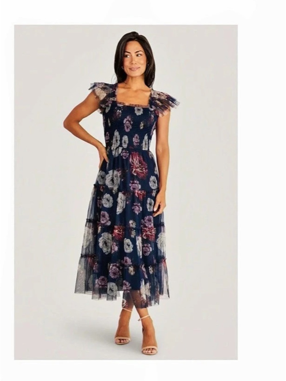 NWT Baltic Born Clementine Tulle Midi Dress Floral Midi Dress Blue Floral